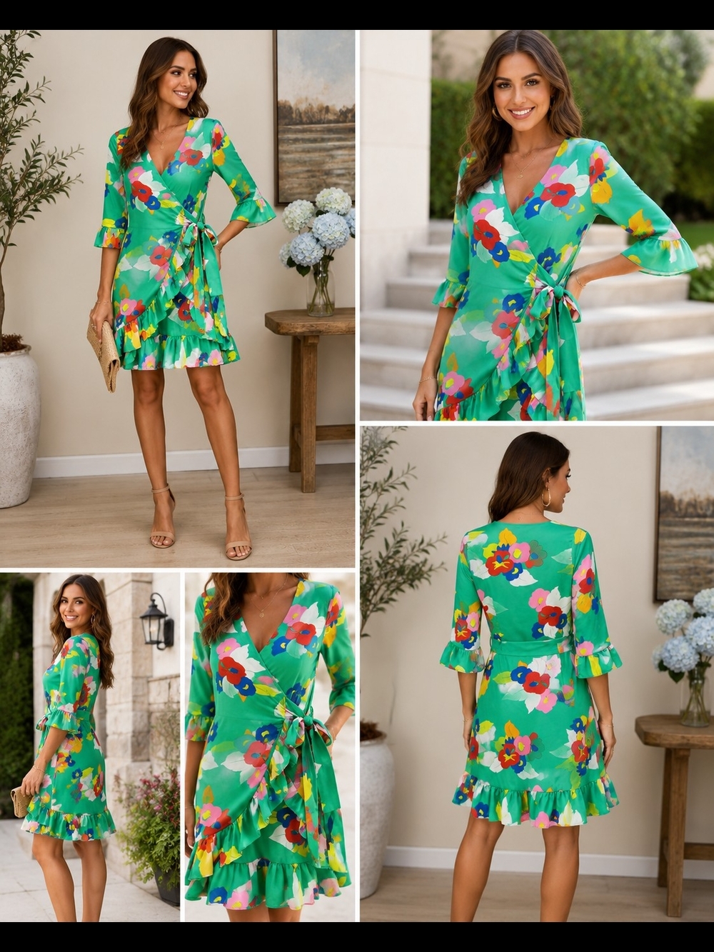 Julie Brown NYC XS Green Floral Wrap Dress Ruffle Hem

Description: